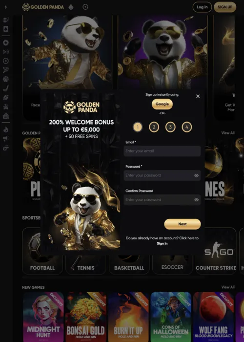 Fast player registration interface Golden Panda Casino